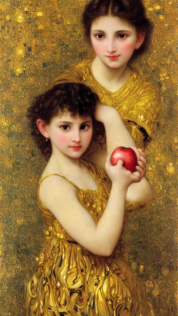 Prompt: painting portrait of a beautiful girl with an apple in her hand, intricate, elegant, digital painting, smooth, sharp focus, shiny gold, realistic gold, realistic metal, by William-Adolphe Bouguereau and Gustav Klimt,