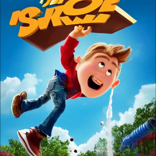 Prompt: a movie poster of a small boy flying taking off 1 0 feet from the ground by using a jetpack that spits a liquid chocolate syrup blend with milk burst with twirls of flow and fluid, and a giant white cereal bowl in the ground getting splashed by the chocolate burst, pixar 3 d animation style