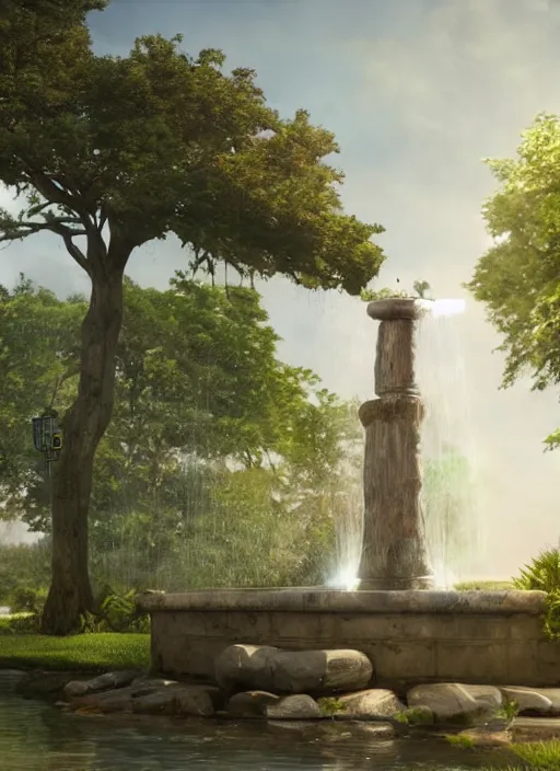 Image similar to a water fountain made out of a tree, concept art by Doug Chiang cinematic, realistic painting, high definition, digital art, symmetrical, very detailed, extremely high detail, photo realistic, concept art, unreal engine 5,