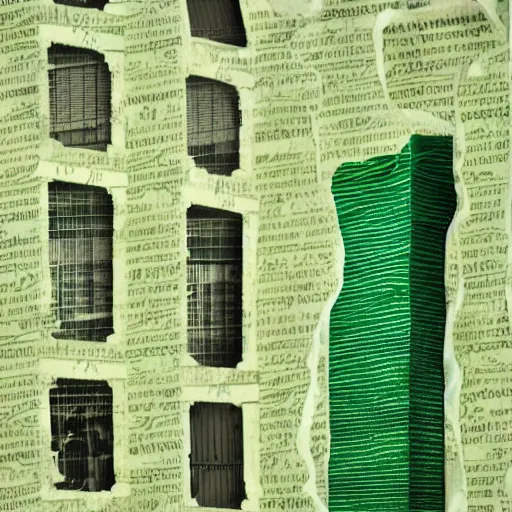 Image similar to collage style Joseba Elorza, Journalic paper texture buildings, papercut, pop-art, background green color