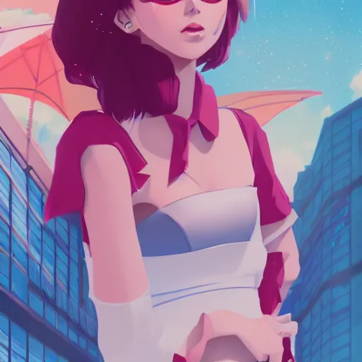 Image similar to a beautiful woman in 1980\'s fashion, mall background, 4k, anime key visual, lois van baarle, ilya kuvshinov, rossdraws, artstation