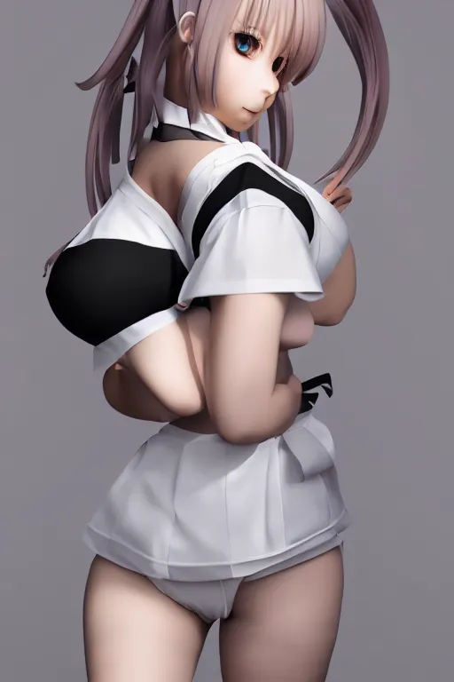 Image similar to photorealistic 3 d render of of an impossibly curvy anime girl wearing a schoolgirl outfit, featured on pixiv, booru, exaggerated proportions, high resolution digital art, 4 k, beautiful symmetric face, subsurface scattering, volumetric lighting, realistic skin texture