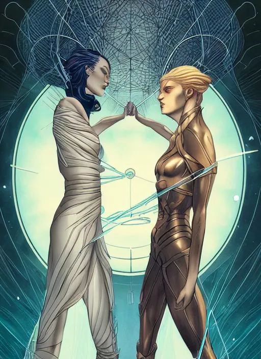 Image similar to meliadoul versus agrias, science fiction comic illustration by sana takeda and jenny frison, intricate, stunning inking lines, hyper detailed, 4 k, hd, award winning, photorealistic