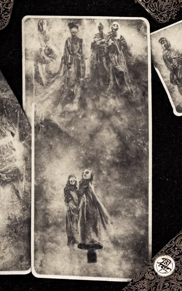 Image similar to wet plate sun tarot card victorian era, coal dust, ghosts in the background, in the style of brothers quay