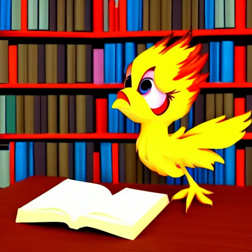 Prompt: a cute adorable phoenix fledgling learning to read in a library #Render