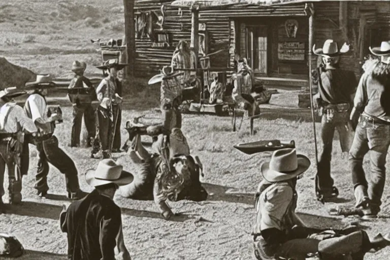 Prompt: minion cowboy saloon shootout, 3 5 mm scene from a western, 1 9 6 6