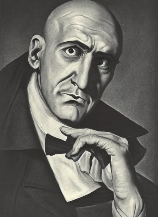 Image similar to portrait of glamorous bald medieval man with big nose and annoyed gesture,look of hate, threatening pose, 1940s propaganda poster, full hd,highly detailed