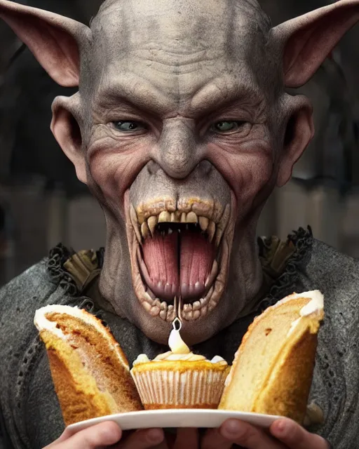 Image similar to highly detailed bosch closeup, face profile portrait of a medieval goblin eating cakes in the cathedral, depth of field, fashion photoshoot by hyung tae, frank frazetta, bosch, giger, breathtaking, detailed and intricate environment, 8 k resolution, hyperrealistic, octane render