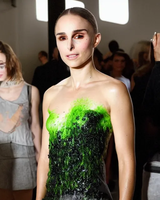 Prompt: nathalie portman at the new york fashion week, wearing an outfit made of nickelodeon slime, black hair, freckles, pale skin, photo by greg rutkowski, harsh shadows, bright lighting, female beauty, intricate detail, elegance, sharp shapes, masterpiece