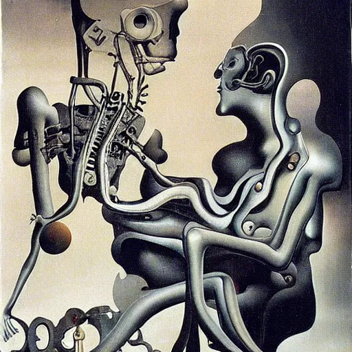 Image similar to Two mechanical beings in a deep conversation. Dali.