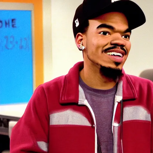 Image similar to a tv still of Chance The Rapper starring as a black college student at Jones College Prep in a 1993 sitcom