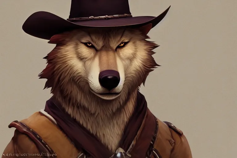 Image similar to character portrait icon of the anthro anthropomorphic of the male anthropomorphic wolf fursona wearing cowboy outfit wild west character design by charlie bowater, ross tran, artgerm, and makoto shinkai, detailed, soft lighting, rendered in octane