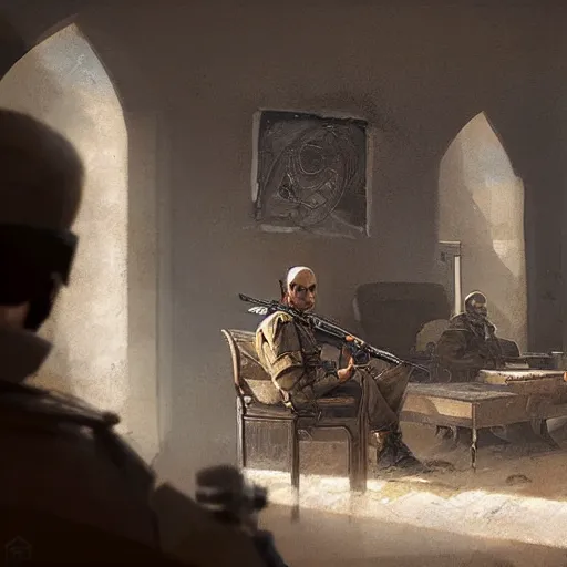 Image similar to a kurdish general in his office making a plan by greg rutkowski