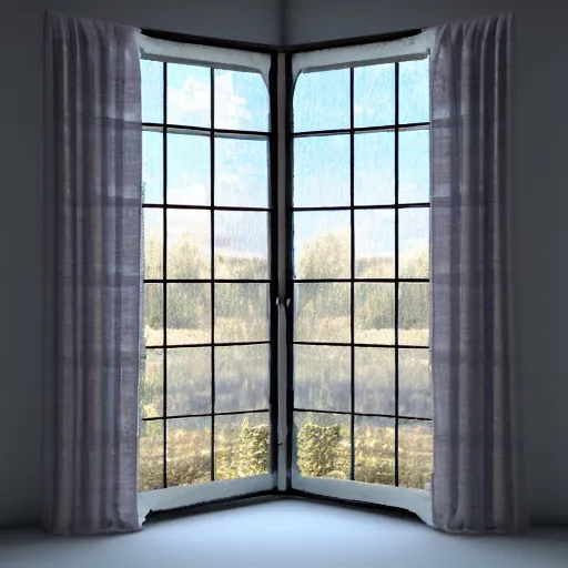 Prompt: cute cozy window with drapes. 3 d. 8 k. 4 k. uhd. miniature digital asset. symmetrical.