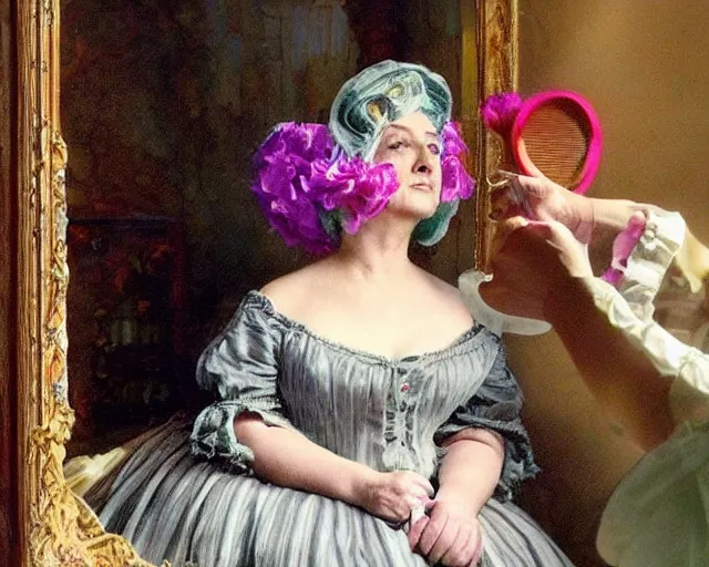 Prompt: an innocent and beautiful scene in hyper realistic style, about an old and lonely woman applying makeup in front of the camera, and modeling a victorian dress. a huge and colorful fish sits on her head.