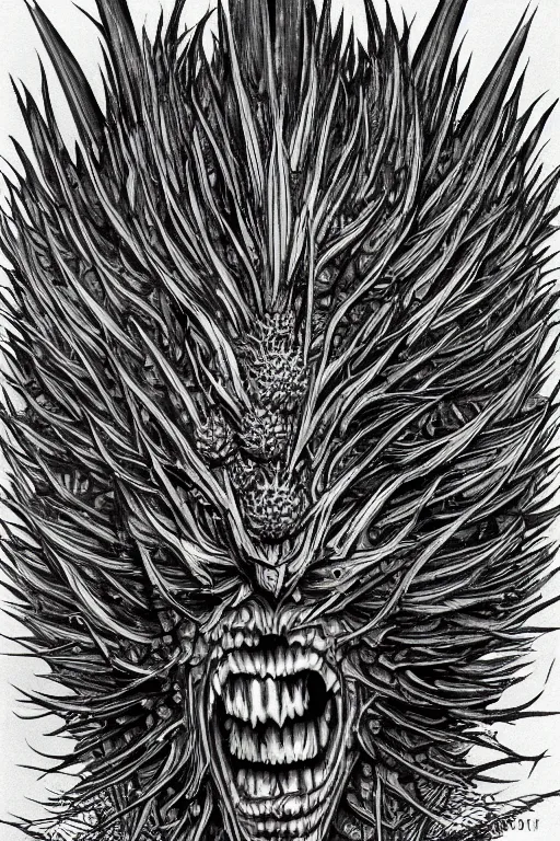 Image similar to thistle monster heavily armoured, symmetrical, highly detailed, digital art, needles, thorns, sharp focus, trending on art station, kentaro miura manga art style