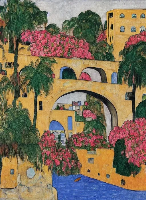Image similar to ahwaz city in iran with a big arch bridge on local river, 2 number house near a lot of palm trees and bougainvillea, hot with shining sun, painting by egon schiele
