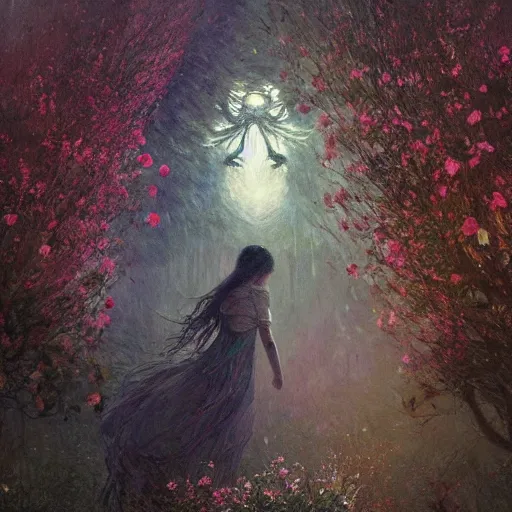 Image similar to a gigantic beautiful terrifying monster made of flowers looms over a tiny human. ethereal horror fantasy art by greg rutkowski and magali villanueve and monet