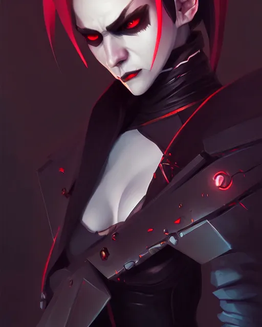 Image similar to hq rendering, dark vampire, character portrait, concept art, painterly, fanart, highly detailed in the style of overwatch by ilya kuvshinov, wenjun lin, angular geometric symmetrical design