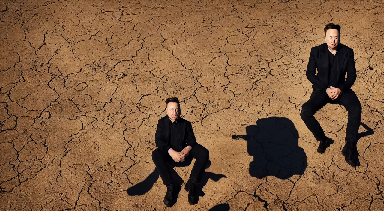 Prompt: elon musk, crying one single tear, facing the camera and sitting on a dried up river in a desolate land, blue sky, hot and sunny, highly-detailed, elegant, dramatic lighting, artstation, 4k, cinematic landscape, photograph by Elisabeth Gadd