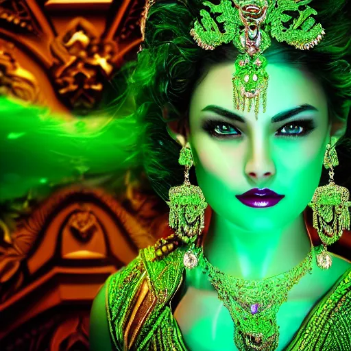 Prompt: photo of wonderful princess of emerald with fair skin, glowing, ornate and intricate green jewelry, jaw dropping beauty, eyepopping colors, dynamic lighting, glowing background lighting, green accent lighting, intricate and detailed, award winning photography, 4 k octane render