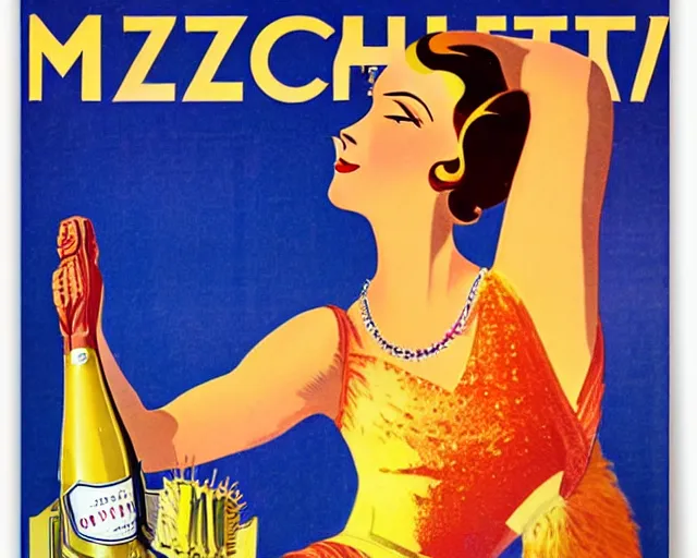 Prompt: art deco tin poster, dancer, melchizedek champagne bottle. cheerful, bright