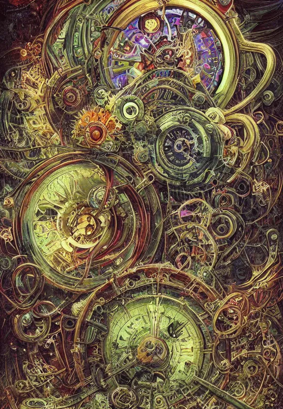 Image similar to simplicity, elegant, muscular eldritch clockwork, machinery, industry, radiating, colorful mandala, psychedelic, overgrown garden environment, by ryan stegman and esao andrews and maria sibylla merian eugene delacroix, gustave dore, thomas moran, pop art, street art, graffiti, saturated