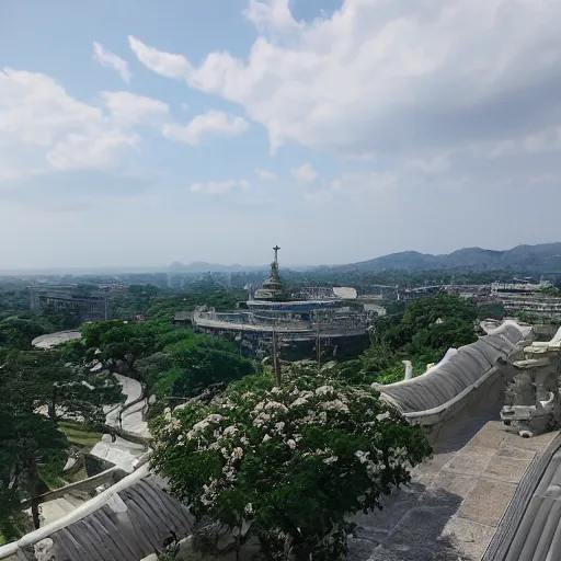 Image similar to makoto shinkai view from castle balcony overlooking kingdom