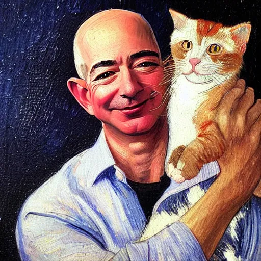 Image similar to a beautiful oil painting of jeff bezos holding a cat, 8k , award winning , made in 1800's , old , painted by vincent van gogh