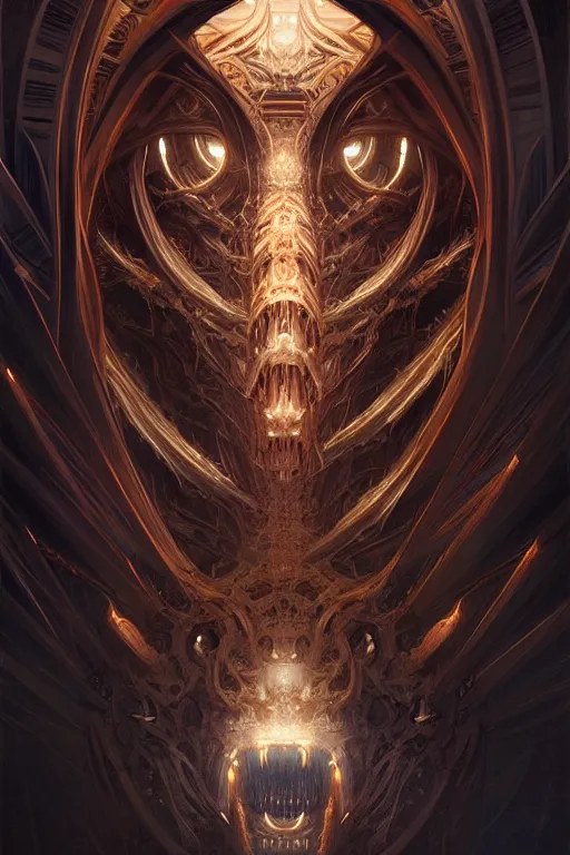 Image similar to professional concept art symmetrical portrait of a horrendous mechanical predatory fractal! species in a dark room by artgerm and greg rutkowski. an intricate, elegant, highly detailed digital painting, concept art, smooth, sharp focus, illustration, in the style of cam sykes.