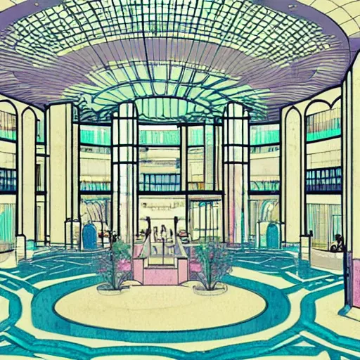 Prompt: art deco illustration of a mall atrium in pastel colors