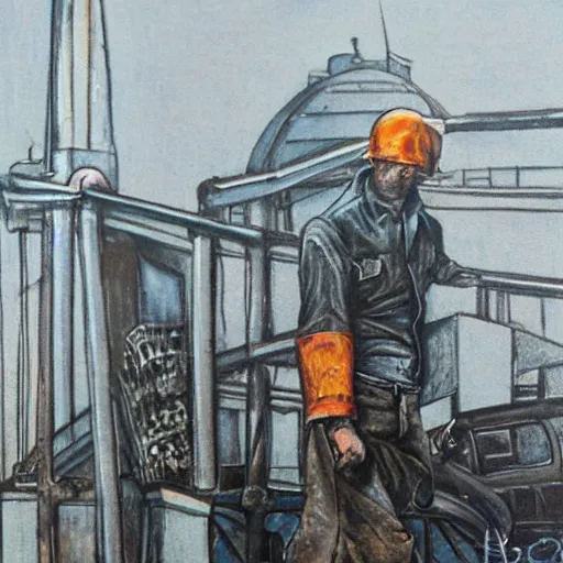 Image similar to A strong Glaswegian welder walks out of the shipyards, in the style of Peter Howson,