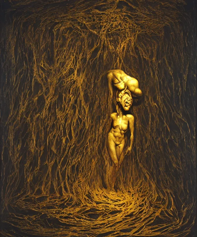 Image similar to The dark room without doors and windows with beautiful full-body wax sculpture of the glowing transparent woman with visible golden bones inside her in the singularity where stars becoming baroque folds of dark matter by Michelangelo da Caravaggio, Nicola Samori, William Blake, Alex Grey and Beksinski, dramatic volumetric lighting, super detailed oil painting, 8k, masterpiece