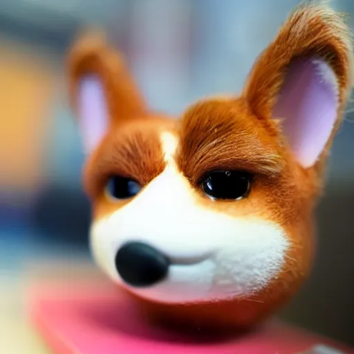 Image similar to a corgi furby toy on a store shelf, close - up photo, uncanny, nostalgic