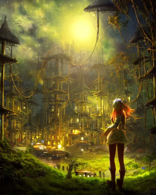 Prompt: girl in solarpunk fantasy village, evening, 4 k, ultra realistic, detailed, epic lighting, starry sky, magical, glowing forest, mushrooms, machines, futuristic building, high detail, masterpiece, trending on artstation by frederic daoust and akihito tsukushi and takeshi nogami