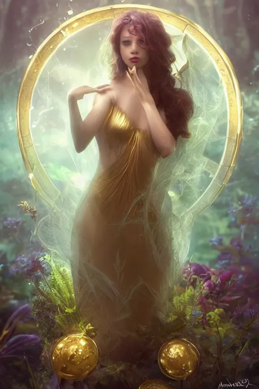 Prompt: a mystical garden fairy l!! standing in a windy murky underwater! with a very very beautiful symmetrical face!! large gold metallic foil circle behind her, smooth skin, sharp focus, cinematic lightning, murky dusty deep, smoky eyes, isolated, studio lighting by artgerm yuri shwedoff and tom bagshaw