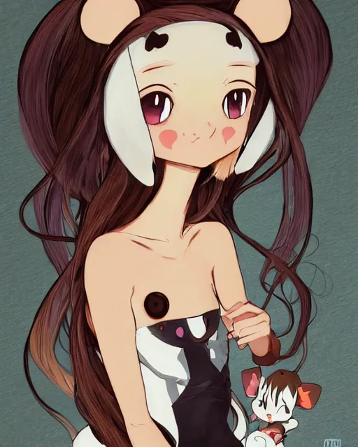 Prompt: A cute wakfu-style frontal painting of a very very beautiful anime skinny mousegirl with long wavy brown colored hair and small mouse ears on top of her head wearing a cute black dress and black shoes looking at the viewer, elegant, delicate, feminine, soft lines, higly detailed, smooth , pixiv art, ArtStation, artgem, art by alphonse mucha Gil Elvgren and Greg rutkowski, high quality, digital illustration, concept art, very long shot, sea of thieves illustration