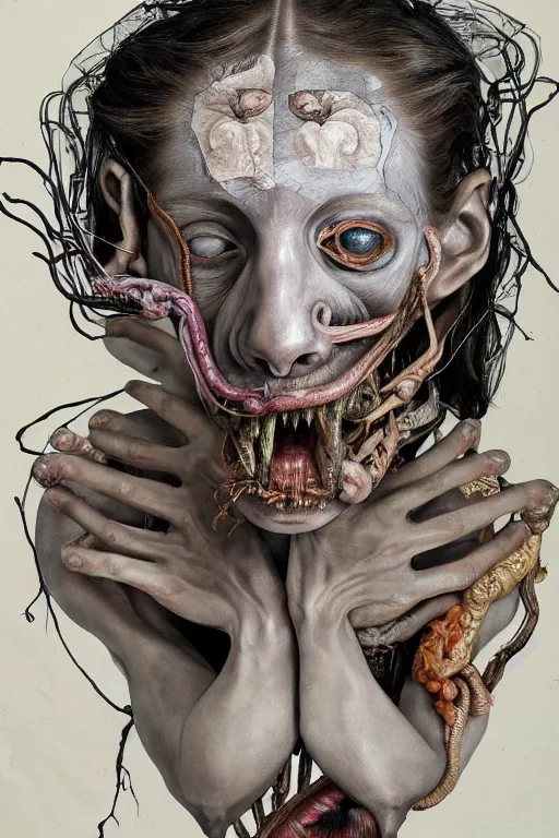 Image similar to Detailed maximalist portrait of a greek god with large lips and eyes, scared expression, botanical anatomy, skeletal with extra fleshy limbs, HD mixed media, 3D collage, highly detailed and intricate, surreal illustration in the style of Jenny Saville, dark art, baroque, centred in image