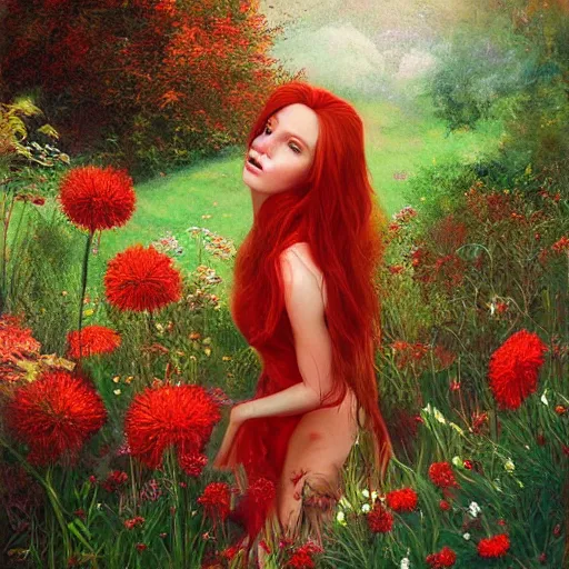 Prompt: a beautiful red haired woman in a garden, beautiful painting by irakli nadar