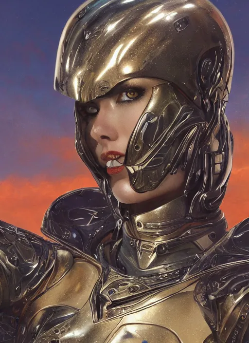 Image similar to biblical diabolical beautiful female valkyree android, slick metal armor, jump, heavy eyes to the side, closeup, bright glowing veins, in clouds, rain, sunset, portrait, by gerald brom, by mikhail vrubel, by peter elson, muted colors, extreme detail, reflections, trending on artstation, 8 k