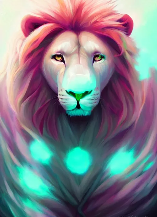 Image similar to !dream aesthetic portrait commission of an albino male furry anthro lion wearing a mint colored thin cloack, pastel Neon lense flares. Atmospheric. Character design by charlie bowater, ross tran, artgerm, and makoto shinkai, detailed, inked, western comic book art, 2021 award winning painting