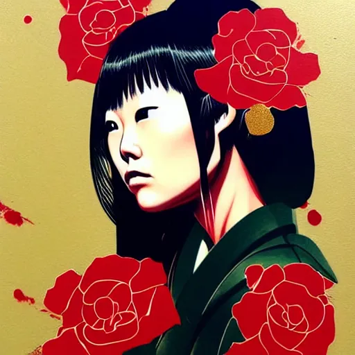 Image similar to portrait of japenese woman :: side profile :: in ocean :: roses and guns metal details :: gold :: blood and horror :: by marvel and Sandra Chevrier