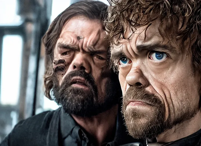 Image similar to peter dinklage knife fighting willem dafoe, movie still, from the new john wick movie, 8 k, realistic