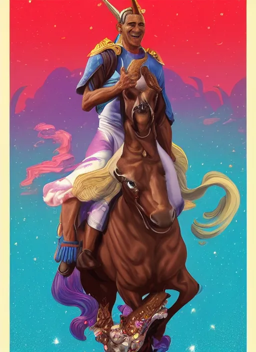 Image similar to obama riding an unicorn, pixar style, by tristan eaton stanley artgerm and tom bagshaw.