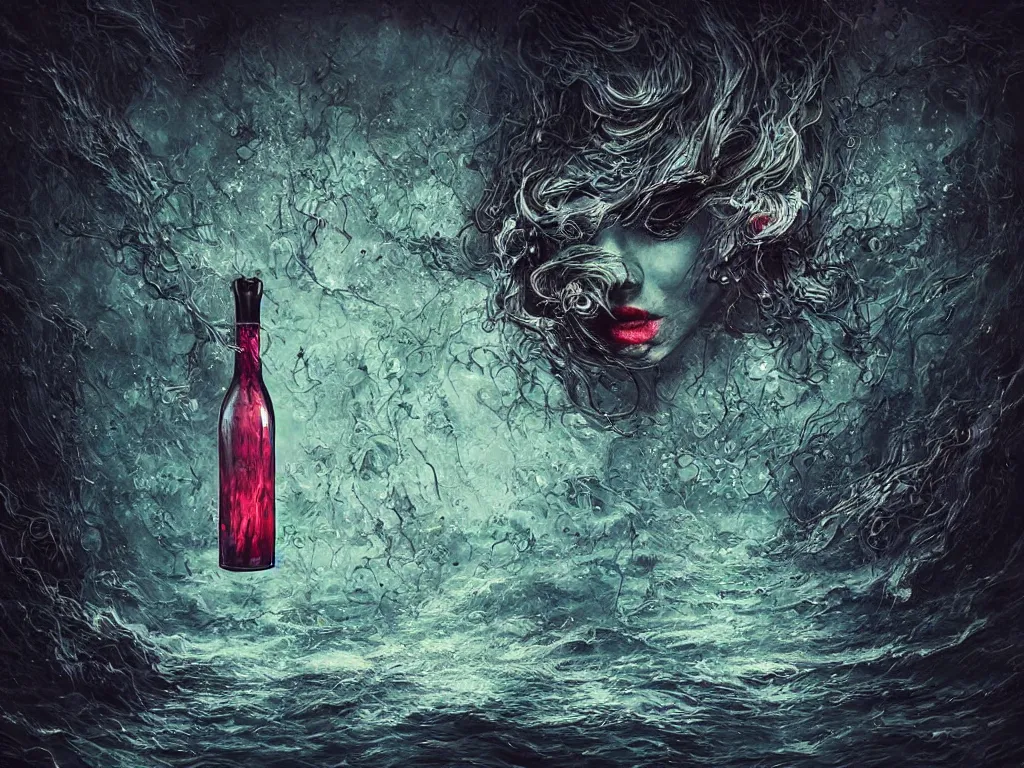 Image similar to the emotion melancholy in a bottle, trying to escape, dark aesthetic, bright colours trying to escape but are drowned, highly detailed, trending on artstation, museum project, intricate details