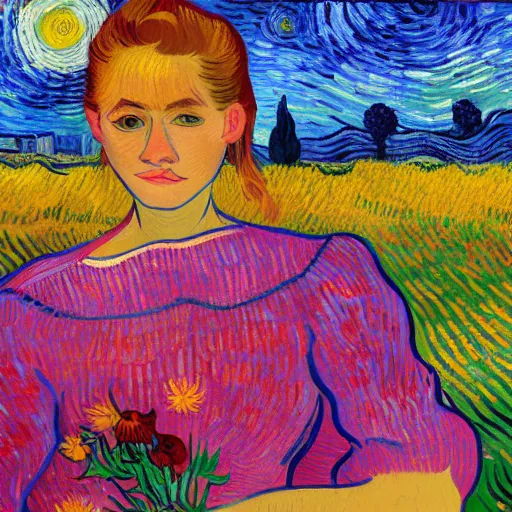 Prompt: Fair skinned young woman, large field, flowers, beautiful, art, 8k, sunset, skyline, young woman in a dress, wind, trees in background, picking flowers, summer night, dynamic lighting, Vincent van Gogh oil painting, off center, large brush strokes, post impressionism, orange, yellow, red, blues, fine art