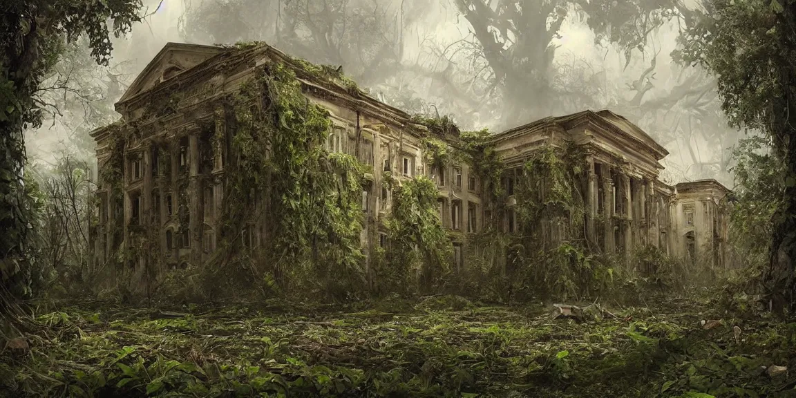 Prompt: An overgrown, swampy Washington D.C.. Buildings covered in vines, gigantic trees from the ground. Crumbled ruins of governmental buildings in a post-apocalyptic world. Life after People. Trending on Artstation, deviantart, worth1000. By Greg Rutkowski. National Geographic and iNaturalist HD photographs