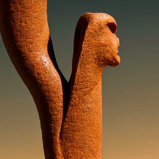 Image similar to Bronze 1500BCE Canaanite serpent sculpture at the top of a tall pole. Desert background. 40mm lens, shallow depth of field, split lighting