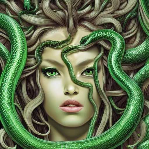 Image similar to medusa with flowing green snakes. close up of full head. painterly. digital art. elegant. scary. highly detailed. 4 k
