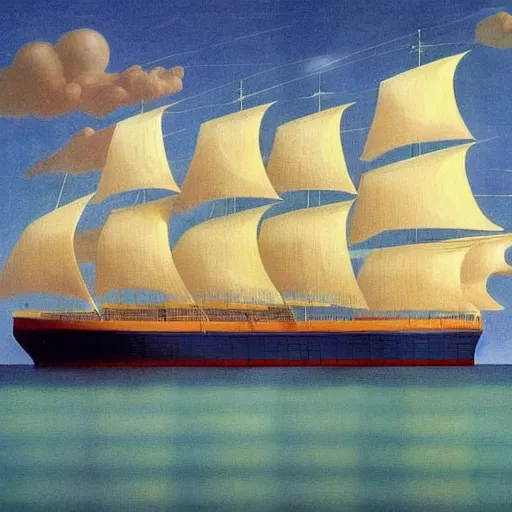 Image similar to a fantastic voyage on a beautiful ship by Raphael, Hopper, and Rene Magritte. detailed, romantic, enchanting, trending on artstation.